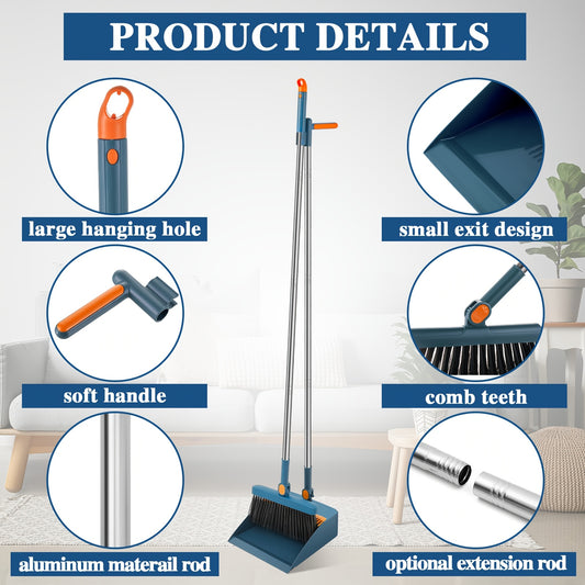 8pcs Blue Broom and Dustpan Set with 47\