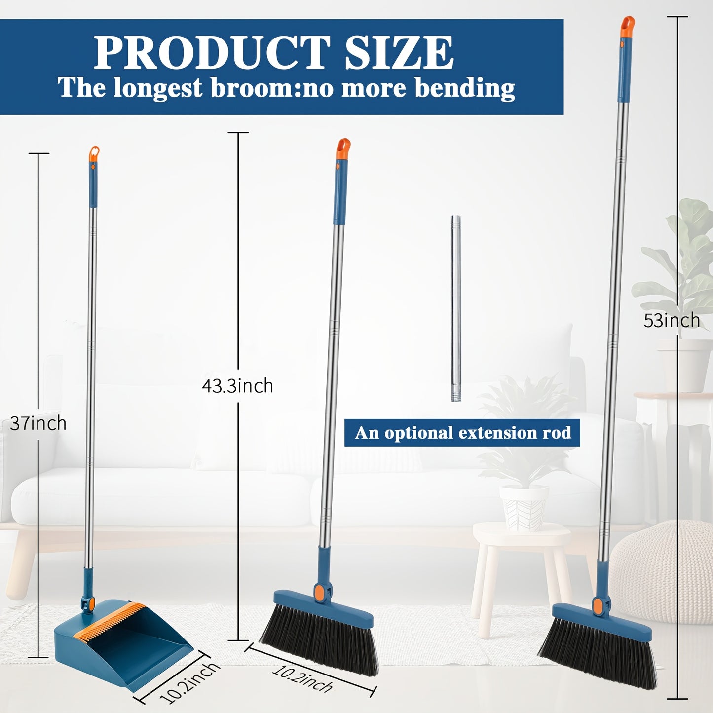 8pcs Blue Broom and Dustpan Set with 47\